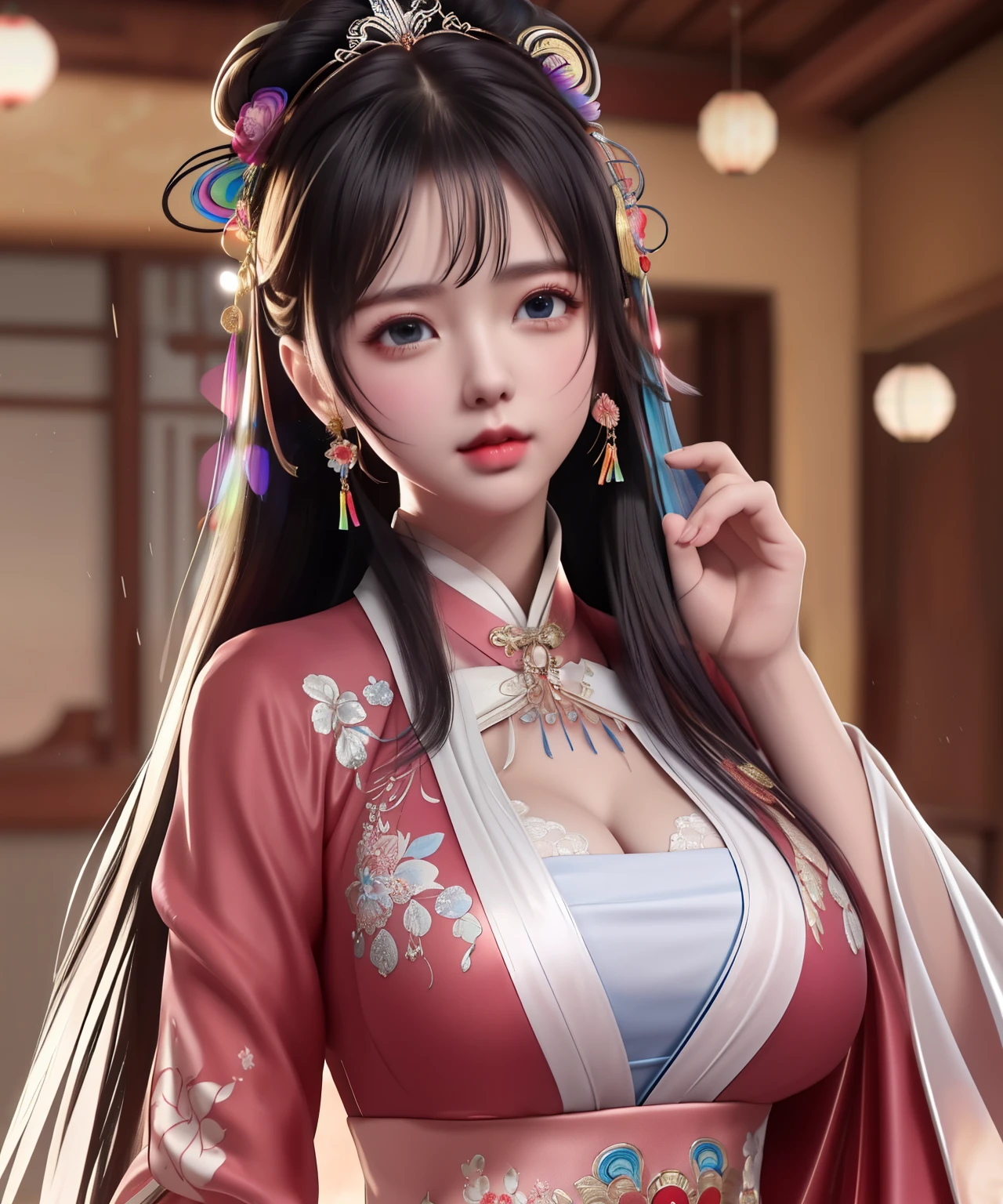 
(8k, RAW photo:1.2), best quality, ultra high res,dramatic angle,(fluttered detailed color splashs), (illustration),(((1 girl))),(long hair),(rain:0.9), (Headdress:1.4),There is an ancient palace beside the girl,Hanfu,(Key Points),Color ink painting,(Splash of Color),Splash of Color,(((colorful))),(sketch:0.8) , Masterpiece, best quality, beautiful painted, highly detailed,(denoising:0.6),[splash ink],((ink refraction)), (beautiful detailed sky),moon,highly,detaild,(masterpiece, best quality, extremely detailed） CG Unity 8k Wallpaper，masterpiece，best quality，Ultra Detailed），（Lycoris）.shoulder ballet dress open V-chested clothes Thin silk lace dress short skirt , (huge ，cleavage),, white pink, blue ，best qualtiy，tmasterpiece，Ultra-high resolution，（Reality：1.4），RAW photogr，（True skin texture：1.3），（filmgrain：1.3），（Selfie angle），1个Giant Breast Girl