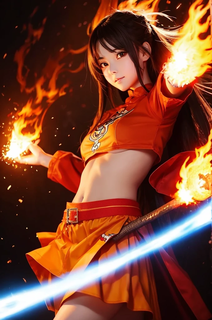 Anime-style illustrations。Shoot a fireball。Beautiful girl wearing flames。