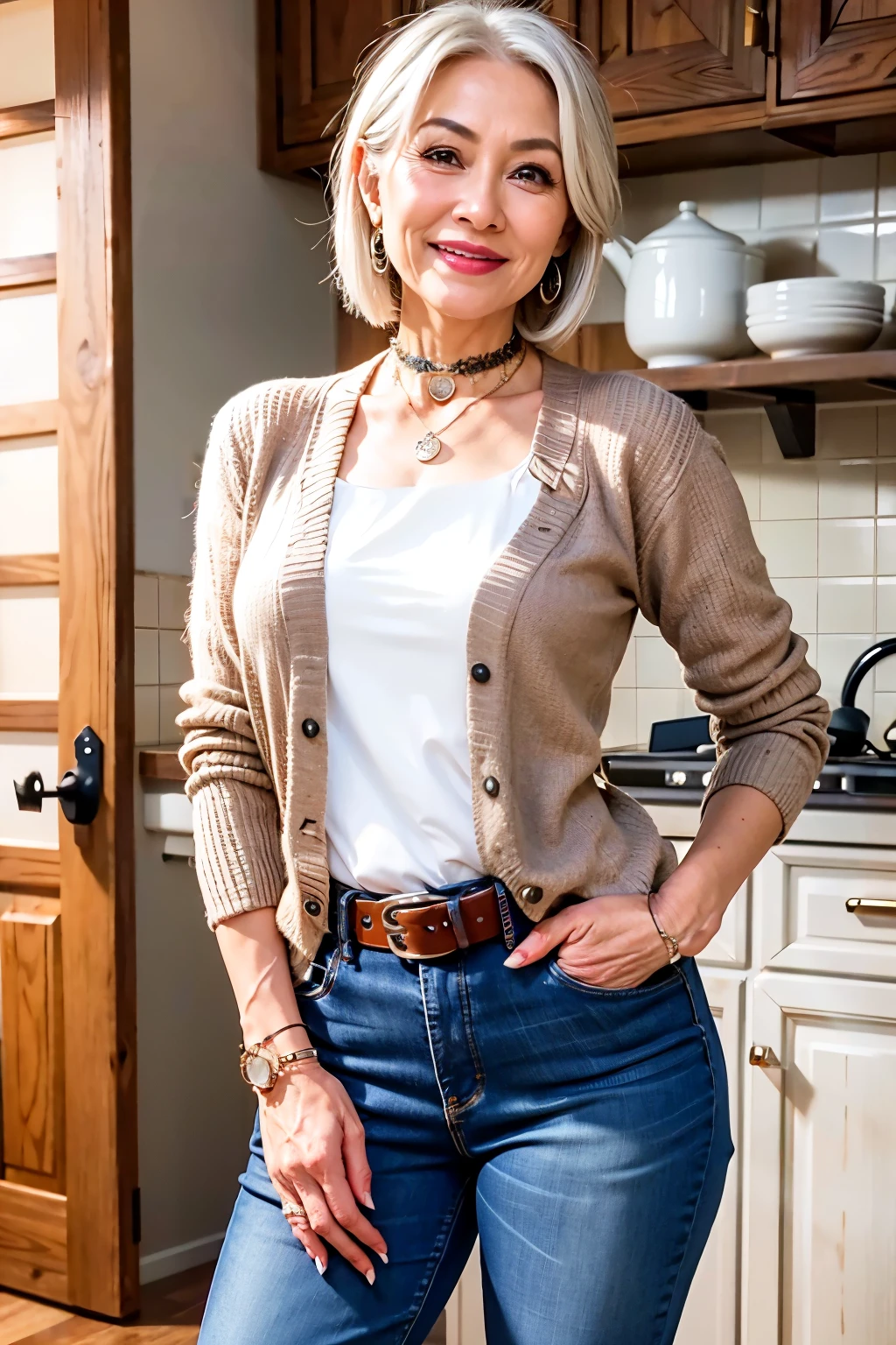  cardigan, jeans　75 years old　mom　milf　Chinese Lady　large earring　Big choker　navel piercing decoration　A bracelet　Silver Hair　realisitic　Gorgeous Madame Beautiful Mature Woman　sexly　Smile　Gentle woman navel piercing　４K　High quality kitchen　pot　ingredients　Dinner Preparation　Mother　belt　ダメージjeans