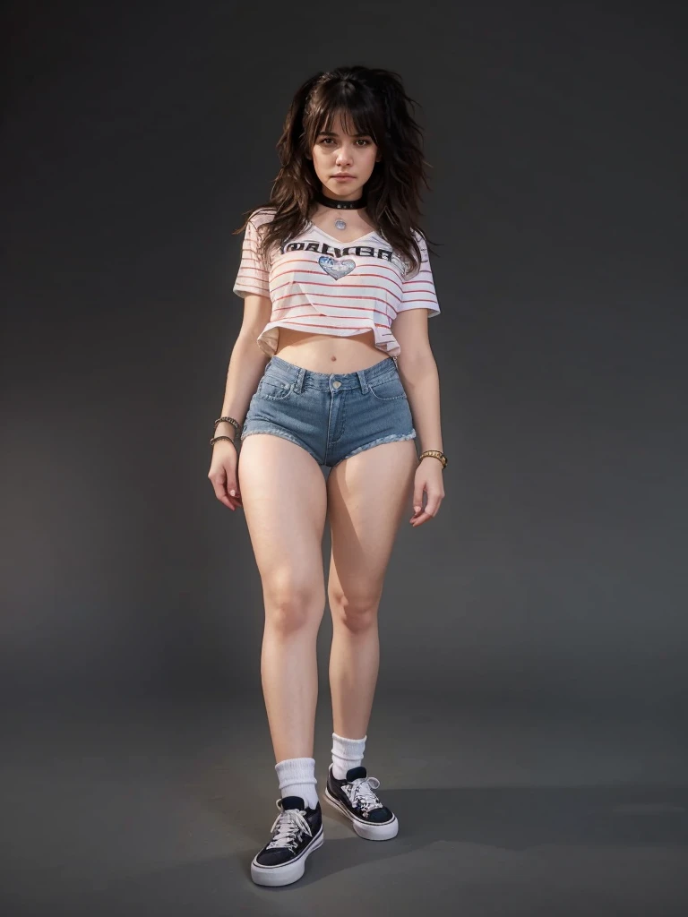 girl sexy realistic, fringe hair realistic, face sweet realistic, wearing realistic t-shirt, realistic shorts denim, realistic ankle white socks, realistic vans shoes uses choker and bracelets realistic details.