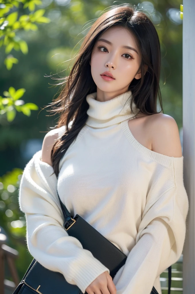 (huge tit、Turtleneck Knitwear、Shoulder bag)、(highest quality,masterpiece:1.3,超A high resolution,),(super detailed,caustics),(Photoreal:1.4,RAW shooting,)ultra-realistic capture,very detailed,High definition 16K for human skin、 Natural skin texture、、Skin looks even-toned and healthy、 Use natural light and color,one woman,25 years old Japanese,,cute,black haired,middle hair,(Depth of the bounds written、chromatic aberration、、wide range of lighting、natural shading、)、(hair swaying in the wind:1.2)、room