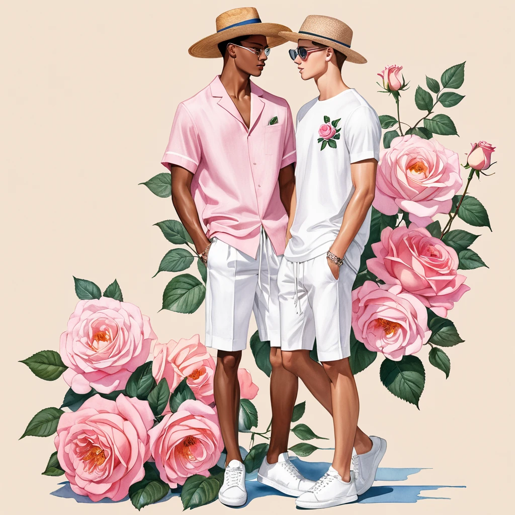 candid fashion illustration of young Mixed race 2man, both aged 18-23 year old, ((showcase fashion look book in linen outfits)), the design inspired by Queen of Sweden Rose by David Austin Rose, in elegant chic style. The man wears an oversized short-sleeved shirt with a minimal rose embroidery details, paired with relaxed-fit white Short with Drawstring, He completes his look with white sneakers and round glasses. The boyfriend complements him in a skinny fitted speedo in a stripe pattern, semi bulge, He resemble includes an accessorizes with a brimmed straw hat and white sneakers, Captured in a low angle, ((full-body image)), ((roses motifs background)), fashion sketching, realistic drawing, ((imperfect water color drawing background)), fashion look book, fashion illustrator, fashion sketch design, gay, gay couple, Queen of Sweden, Light pink.