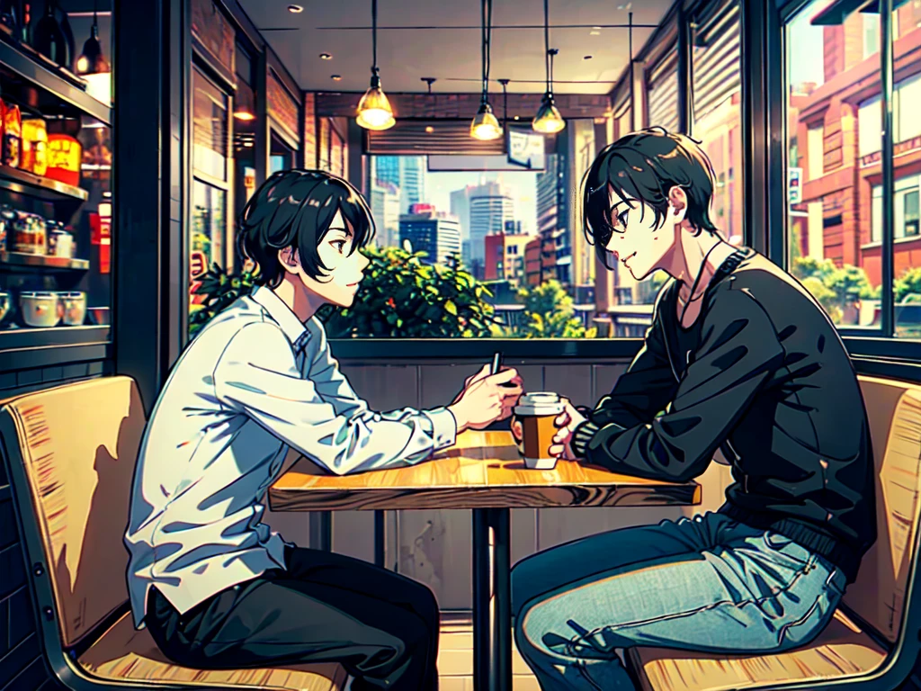 Couple of guys, bl, Look at other people,Sitting, Black Hair, At the coffee shop,Bokeh, scenery