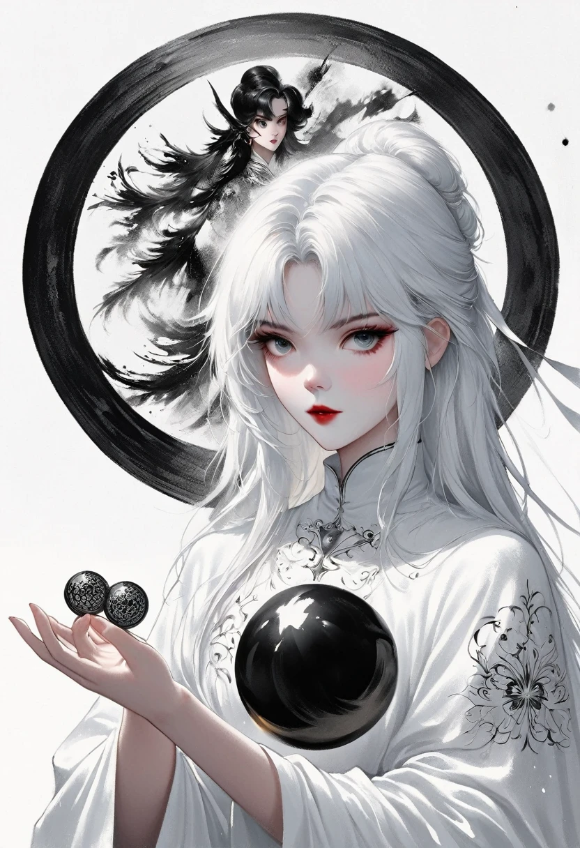 (Lots of white space:1.5)，(Lots of white space around:1.6), White background, simple, Minimalism, Abstract,Hand Painted，Aesthetic，black and white，Ink Painting，Magic Circle，Magician, Holding a magic ball in hand ,A beautiful artistic illustration, author：Li Song, Arte no estilo de Gu Weiss, Shin Jin Hye, Obra-prima de Gu Weiss, Ross Figure 1. 0, Beautiful digital illustrations, Inspired by Non-WLOP, Cute and lovely digital art, jingna zhang, Gu Weiss, Stunning digital illustrations