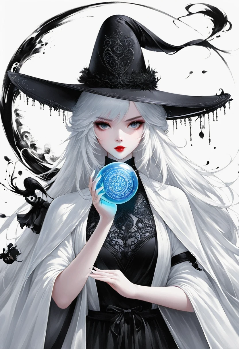 (Lots of white space:1.5)，(Lots of white space around:1.6), White background, simple, Minimalism, Abstract,Hand Painted，Aesthetic，black and white，Ink Painting，Magic Circle，Magician, Holding a magic ball in hand ,A beautiful artistic illustration, author：Li Song, Arte no estilo de Gu Weiss, Shin Jin Hye, Obra-prima de Gu Weiss, Ross Figure 1. 0, Beautiful digital illustrations, Inspired by Non-WLOP, Cute and lovely digital art, jingna zhang, Gu Weiss, Stunning digital illustrations