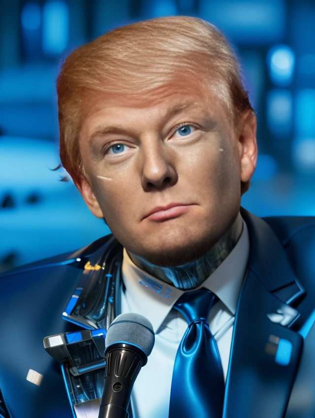 there is a man with a fake face and a microphone, donald trump as a cyborg, donald trump cyborg, Donald Trump as Baron Harkonnen, portrait of trump, portrait of donald trump, donald trump as gollum, alien trump, donald trumps sexy face, donald trump fortnite skin, donald trump is a space marine, donald trump's head as modok, trump