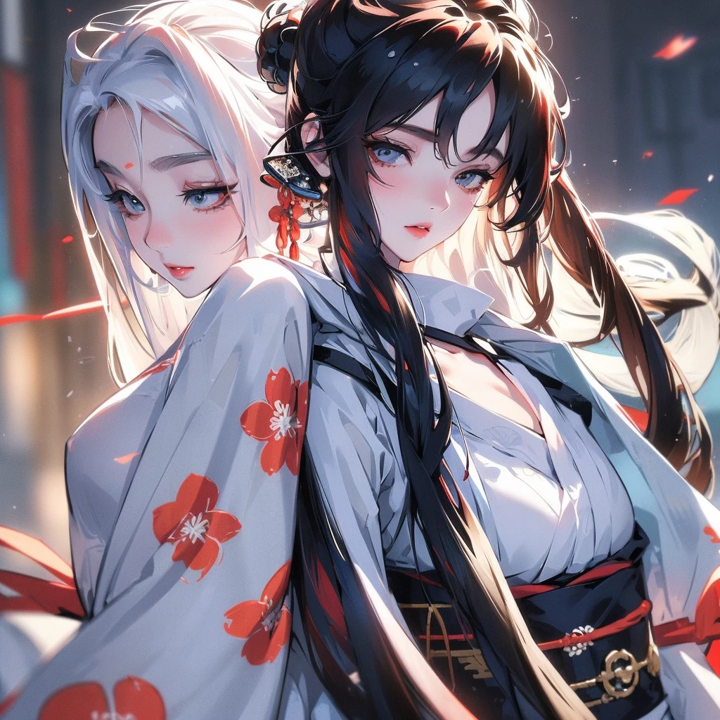 beautiful woman wearing white kimono, black cloth blindfold cover her eyes, frosty, close shot,Masterpiece, kimono, professional, anime style, stylized, romantic, dreamy, simple plain background, hyper minimalism, surrealism), natural lighting, HD, 64K, dark background