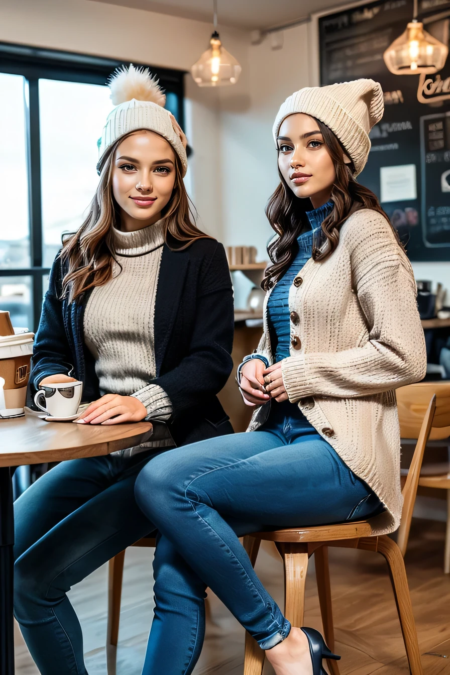 high quality,16K:1.1),(, Two women sitting on chairs in a coffee shop)sit facing each other across a desk、We are chatting、Full Body Shot:1.2),(),blonde、ear piercing、smile、Beautiful teeth alignment、((coat、sweater、Knitted hat、Skinny jeans、、pumps)), ,(View your audience:1.3),Coffee shop in the background