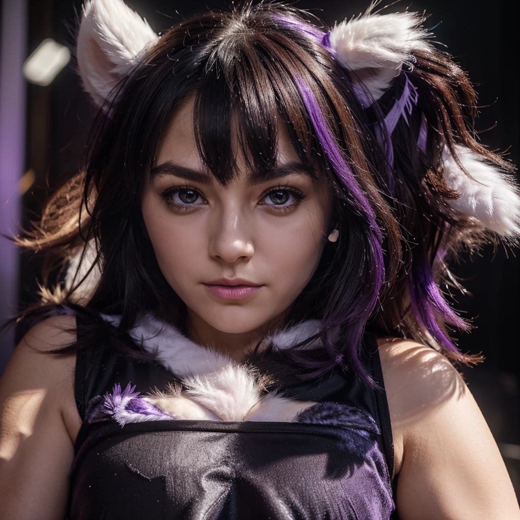 furry, white fur, ultra cute face, purple and black elements on fur, glowing t-shrt, beautiful lights and shadows, ambient light, ultra detailed fur, volumetric light