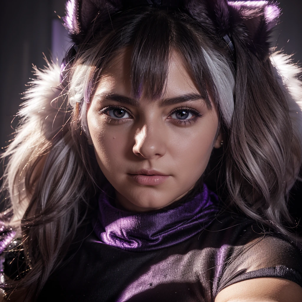 furry, white fur, ultra cute face, purple and black elements on fur, glowing t-shrt, beautiful lights and shadows, ambient light, ultra detailed fur, volumetric light