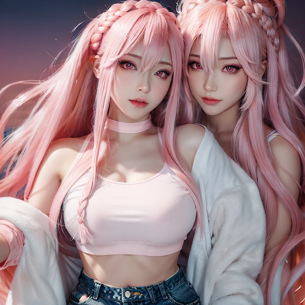 Young woman, pink eyes, long braided pink hair, pink, lots of pink, white cropped t-shirt, exposed midriff, pink low rise jeans, bubble gum, cotton candy, pink sky, pink moon, all is pink, beautifully lit, stunning environment, insanely detailed