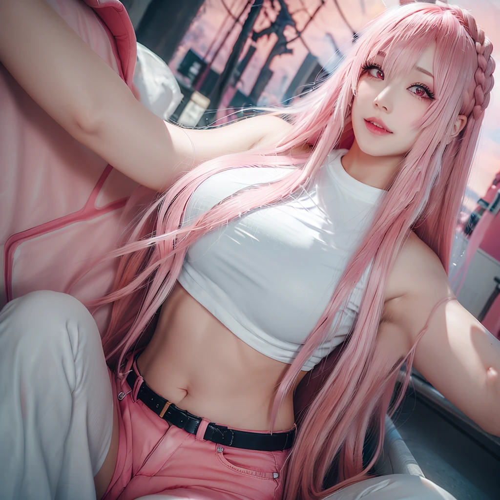 Young woman, pink eyes, long braided pink hair, pink, lots of pink, white cropped t-shirt, exposed midriff, pink low rise jeans, bubble gum, cotton candy, pink sky, pink moon, all is pink, beautifully lit, stunning environment, insanely detailed