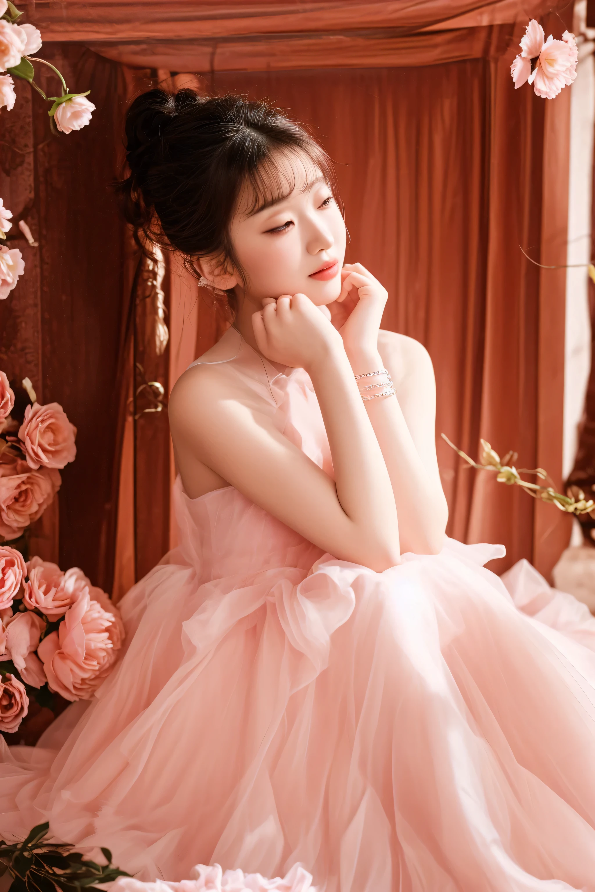 there is a woman sitting on a bed with a pink dress, ethereal fairytale, sha xi, wearing a pink ballroom gown, ethereal beauty, dreamy and ethereal, soft ethereal lighting, wearing organza gown, ethereal and dreamy, cute elegant pose, wearing pink romantic tutu, lovely languid princess, wearing pink floral gown, with soft pink colors, wearing a pink romantic tutu