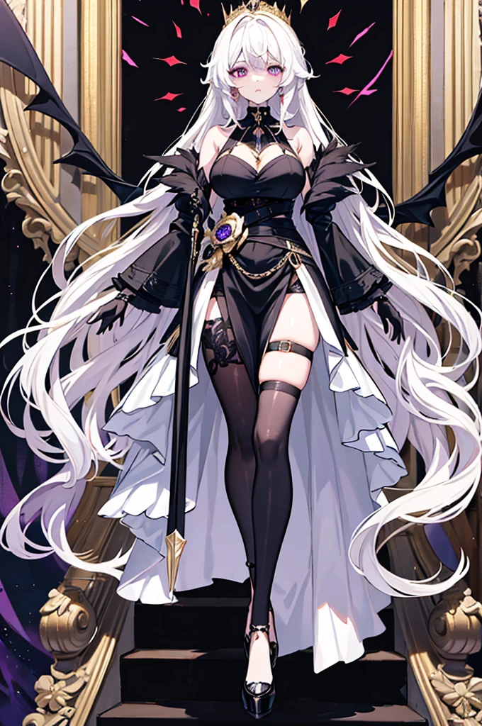 ### Physical Description
1. **Hair**: Long, wavy, and white, her hair flows down to her waist, framing her face with strands that fall over her shoulders.
2. **Eyes**: Large and pink/purple in color, they are expressive and add a touch of mystery to her appearance.
3. **Outfit**: She wears a predominantly white dress with black and gold details. The dress is quite elaborate with cutouts and sophisticated ornaments, such as black feathers on the sleeves and the bottom of the dress.
4. **Accessories**: She wears a black crown adorned with red gemstones, as well as gold jewelry with red gems on her outfit. Her black gloves add an extra touch of elegance.
5. **Shoes**: She appears to be wearing black thigh-high stockings paired with elegant black heels.
6. **Weapon**: She holds a large scythe with glowing purple details and chains, giving an impression of power and danger.