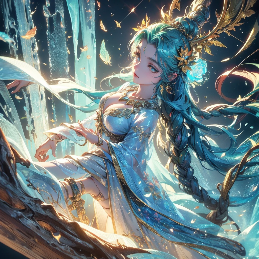 Beautiful tree goddess, body made from tree and flower, metallic dust flew in space, 8k, hd, unreal engine, magic glitter, glowing background, close shot, extra details,, dreamy,