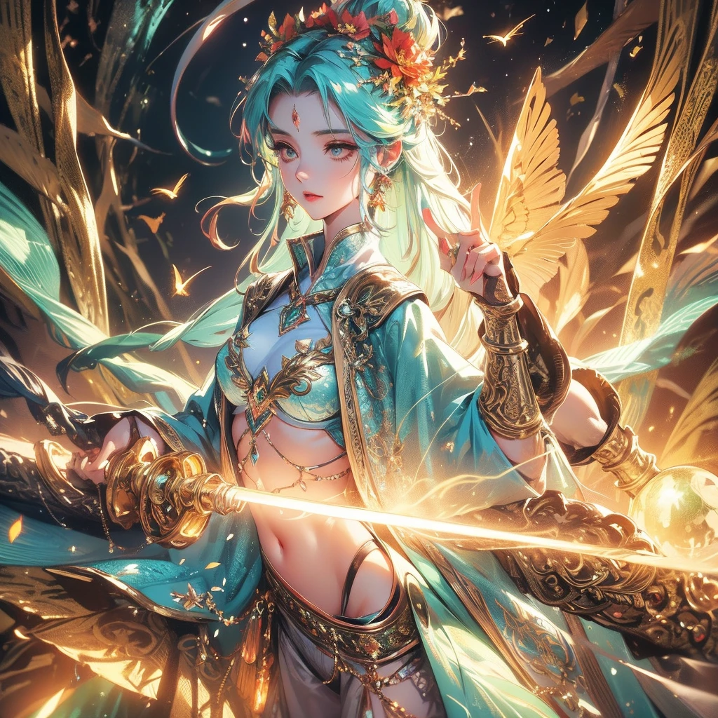 Beautiful tree goddess, body made from tree and flower, metallic dust flew in space, 8k, hd, unreal engine, magic glitter, glowing background, close shot, extra details,, dreamy,
