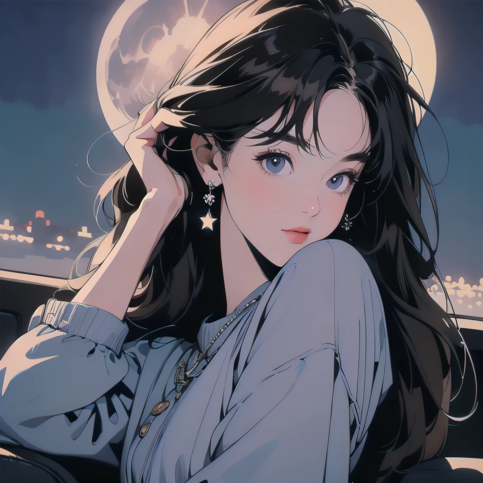 Expressway、In the car、(((night景)))、Put your hands over your ears、head shot、(((night)))、(((moonlight)))、Light on the face、Brown Hair、Mr.々Angle、Very beautiful woman、Highest quality、Detailed Hair