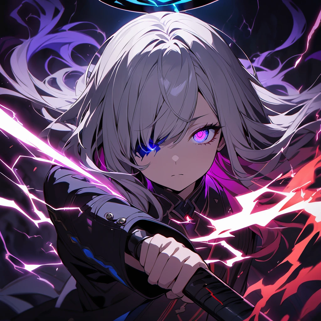 elementary, Shadow Surrounding Girl, lightning, Green Aura, Red aura, Purple aura, Flames surrounding the girl, masterpiece, Dark Theme, Highest quality, Maximum details, Very fine eye, Professional coloring, cinematic lightning, Remaining, Written boundary depth, Backlight, One Girl, Young girl, Silver Hair, Long Hair, Black glowing halo, Shining blue sea, Blue Flame, Fantasy style costumes, Black long coat, shirt, Black trousers, Swinging a thin black long sword, Expressionless, Purple left eye and blue right eye, Odd Eye, Glowing Eyes, Show a close-up of your face