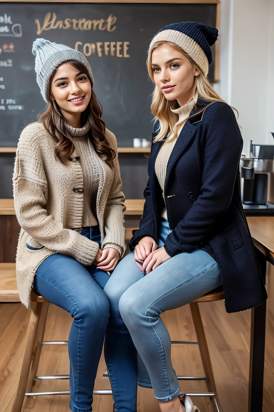 high quality,16K:1.1),(, Two women sitting on chairs in a coffee shop）sit facing each other across a desk、We are chatting、Full Body Shot:1.2),(),blonde、ear piercing、smile、Beautiful teeth alignment、((coat、sweater、Knitted hat、Skinny jeans、、pumps)), ,(View your audience:1.3),Coffee shop in the background
