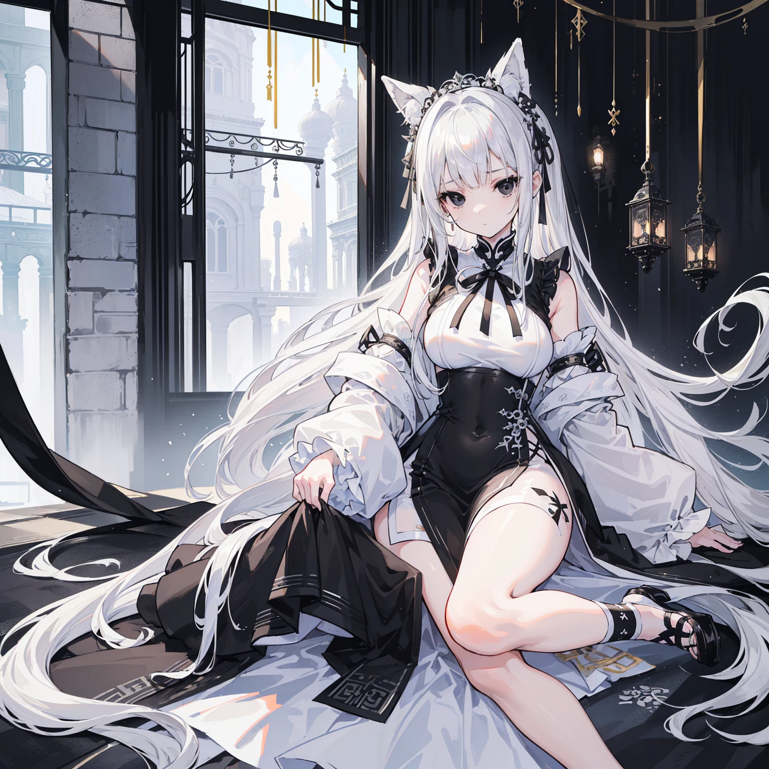 (Top image quality)、(Very detailed)、(Facing forward)、Top quality、masterpiece、(((1 名girl )))、girl、Silver Hair、White hair、((Long hair))、Weaving、(black eyes:1.6)、(White and black cheongsam)、Hooded dress、Lots of decorations、Lots of ribbons、White Ribbon、She looked grim.、Fluffy loose hair、Sitting upright