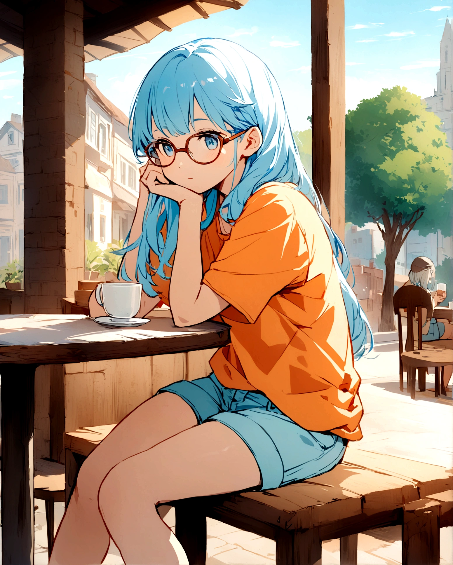 Create an anime-style illustration of a young girl with long, light blue hair and glasses. She is sitting at an outdoor café, lost in thought, with her head resting on her hand. The girl is wearing an oversized orange t-shirt and light blue shorts. The background should feature the café's glass windows, a table with a cup, and urban scenery including buildings and trees. Use the same color combination as the reference image, focusing on pastel tones of light blue for the hair, light blue for the shorts, orange for the t-shirt, and white for the background elements like the table and cup. The overall atmosphere should be calm and reflective, with a consistent soft pastel color palette.