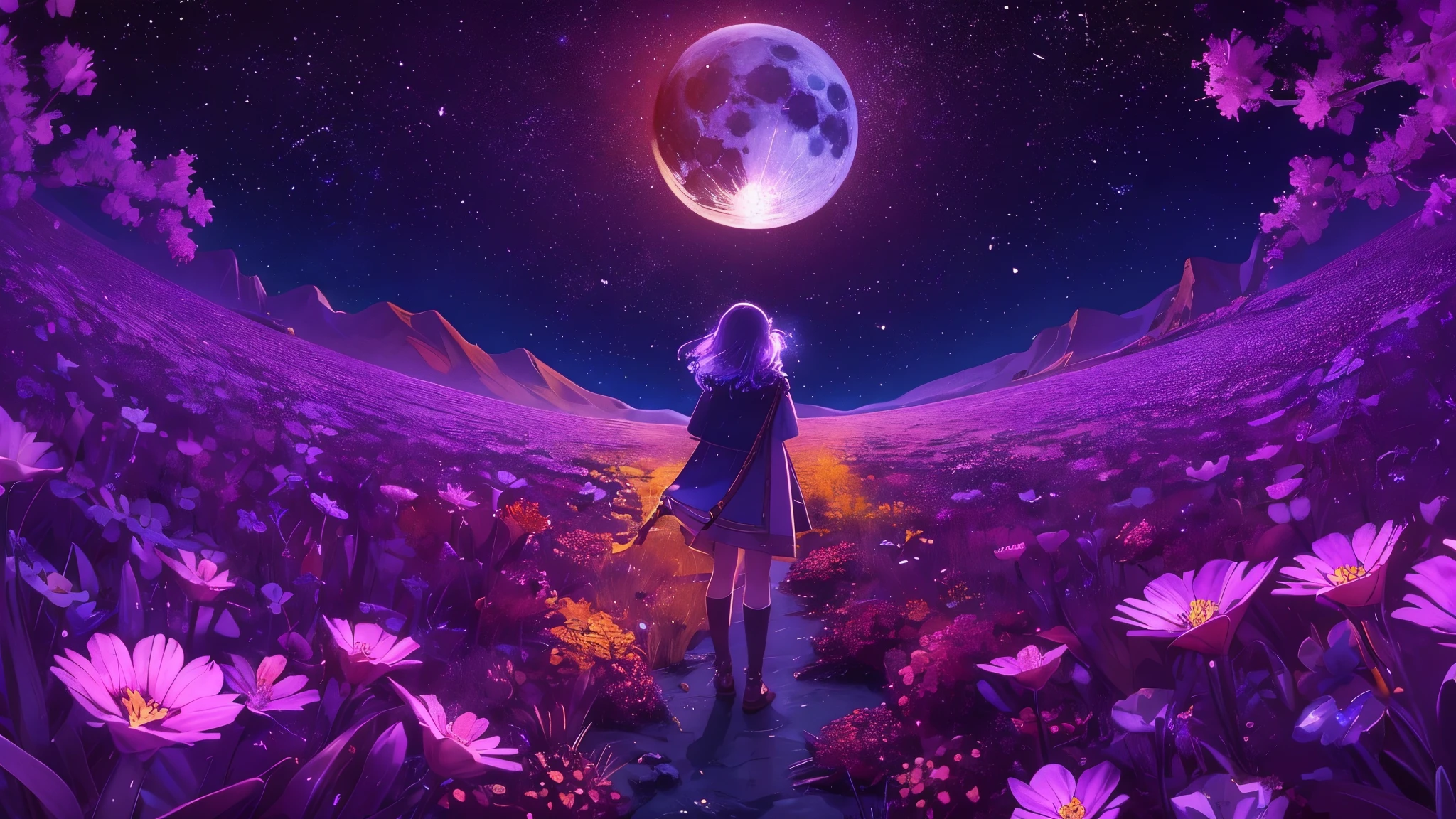 Vast landscape photography , Big Blue Moon:1.5,(A view of the sky and the world below from below), A girl standing in a flower field looking up, (full moon:1.2), (shooting star:0.9), (nebula:1.3), Distant Mountain, Tree Break Works, (Warm light source:1.2), (fire Fly:1.2), lamp, Lots of purple and orange, Intricate details, Volumetric lighting, Realism BREAK (masterpiece:1.2), (Highest quality), 4K, Ultra fine, (Dynamic composition:1.4), Very detailed, Colorful details, ( iridescent:1.2), (Shining Lights, Atmospheric lighting), dreamy, Magical, (solo:1.2)