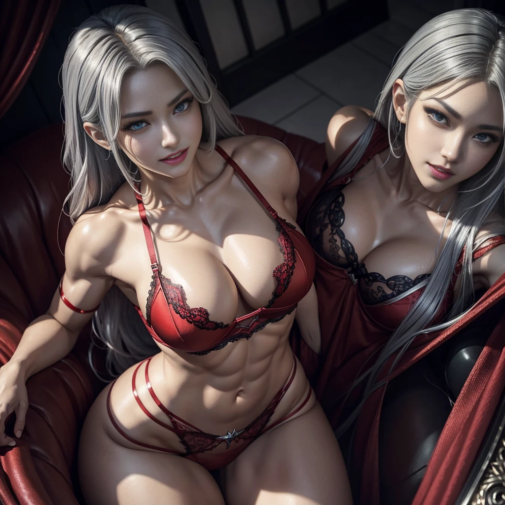 8K、Violent and strongly cracked abdominal muscles,super realistic skin,Red sexy lingerie,A bewitching succubus wearing luxurious red lingerie.、Arafed woman taking sexy photos、Beautiful wavy silver hair、big and full breasts、red and silver色のランジェリー(red and silver)2。5d cgi anime fantasy artwork、Fan Art Mayeur Art Station、detailed digital anime art、detailed fantasy art、8K fantasy art、digital fantasy art)、wallop loss draw、art station seiue bread、epic fantasy art style、beautiful succubus、attractive、Beautiful fangs、looking at the viewer、captivating gaze、laughter、Violent and strongly cracked abdominal muscles,Macho with muscular slender body,Close-up,perspective from above,