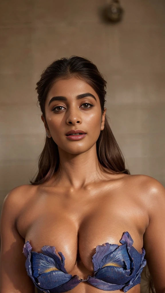 close-up portrait, (portrait photo), ((best quality)), masterpiece, 8k wallpaper, nikon, cinematic lighting, medium hair, ((blue iris)), (photorealistic:1.4), (pooja hegde), (as maid), (deep cleavage), bikini