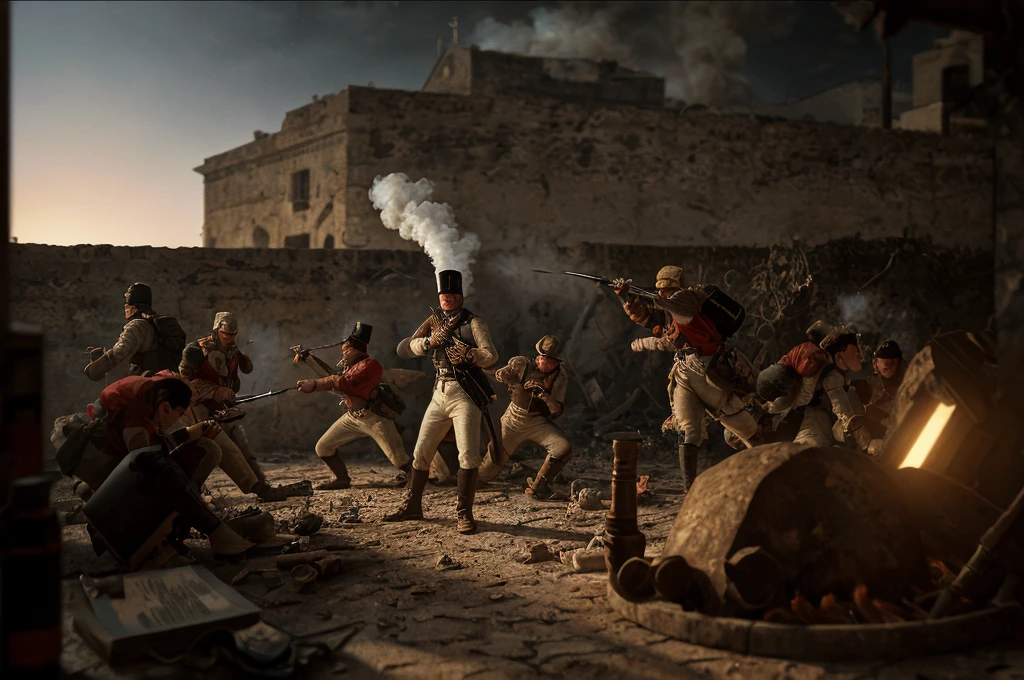 battle, siege, redcoats, in the sassi_di_matera, [The characters (FULL BODIES) are surrounded by mist, evoking a mysterious and eerie atmosphere. The lighting is dark and atmospheric, with a red smoke adding a touch of sinister ambiance. The image is of the best quality, with a resolution of 4k and HDR enhancement, showcasing the utmost level of detail and realism, sfw, full body shot:1.5]. [8K, Best Quality, Masterpiece, Ultra High Resolution, (highly detailed CG unity 8k wallpaper), (best photo), (best shadows), isometric 3D, octane rendering, ray tracing, highly detailed, (Best quality, 4K, 8k, A high resolution, masterpiece:1.2), absurdity, ultra detailed, (realistic, photorealistic, photorealistic:1.37), complex parts, HDR, (complex parts:1.12), (hyper detailed, hyper realistic, Soft lighting, spicy:1.2), (complex parts, Hyper detailed:1.15). Blurred foreground. (backlit), realistic, masterpiece, high quality, brightness, chromatic aberration, 8k uhd, some smoke, shadows, contrast, clear sky, (warm hue, warm tone), high details, natural reflections]. 