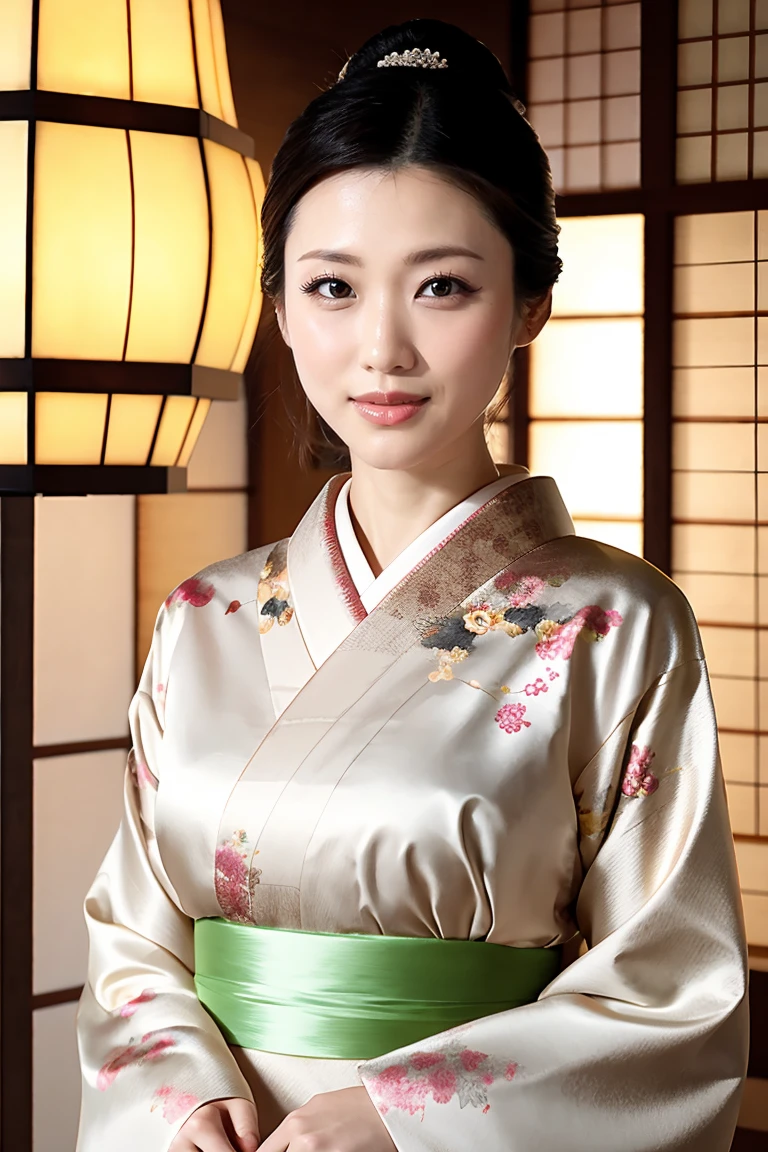 (Highest quality、Tabletop、8K、Best image quality、Award-winning works)、(1 Beautiful Mature Woman:1.1)、(Innkeeper:1.1)、(Elegant floral kimono:1.2)、(A kimono with a perfect and accurate collar:1.2)、Perfect Mature Woman Portrait Photo、Glowing Skin、Standing Elegantly、(Blurred elegant and elaborate perfect Japanese style room background:1.3)、(The most natural and perfect tidy Japanese-style room background:1.2)、(Elegant and luxurious Japanese style room background:1.1)、Glowing White Skin、Very white skin、(Accentuate your body lines:1.1)、(The most elegant posture:1.2)、(Large Breasts:1.2)、(Chignon:1.2)、(Accurate anatomy:1.2)、(A smile looking at me:1.2)、(Stand elegantly facing forward:1.2)、(Front view:1.1)