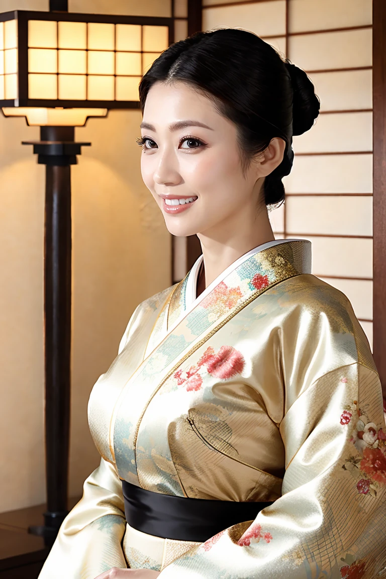 (Highest quality、Tabletop、8K、Best image quality、Award-winning works)、(1 Beautiful Mature Woman:1.1)、(Innkeeper:1.1)、(Elegant floral kimono:1.2)、(A kimono with a perfect and accurate collar:1.2)、Perfect Mature Woman Portrait Photo、Glowing Skin、Standing Elegantly、(Blurred elegant and elaborate perfect Japanese style room background:1.3)、(The most natural and perfect tidy Japanese-style room background:1.2)、(Elegant and luxurious Japanese style room background:1.1)、Glowing White Skin、Very white skin、(Accentuate your body lines:1.1)、(The most elegant posture:1.2)、(Large Breasts:1.2)、(Chignon:1.2)、(Accurate anatomy:1.2)、(A smile looking at me:1.2)、(Stand elegantly facing forward:1.2)、(Front view:1.1)