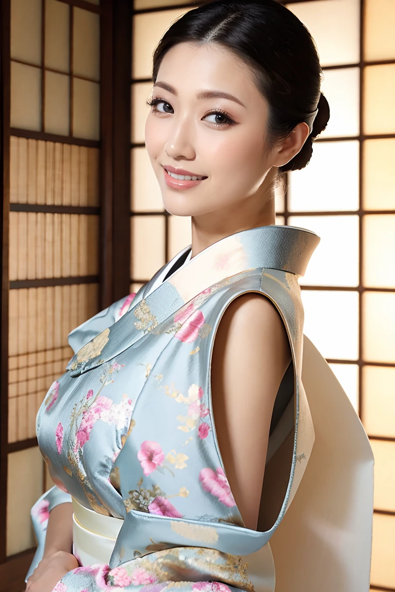 (Highest quality、Tabletop、8K、Best image quality、Award-winning works)、(1 Beautiful Mature Woman:1.1)、(Innkeeper:1.1)、(Elegant floral kimono:1.2)、(A kimono with a perfect and accurate collar:1.2)、Perfect Mature Woman Portrait Photo、Glowing Skin、Standing Elegantly、(Blurred elegant and elaborate perfect Japanese style room background:1.3)、(The most natural and perfect tidy Japanese-style room background:1.2)、(Elegant and luxurious Japanese style room background:1.1)、Glowing White Skin、Very white skin、(Accentuate your body lines:1.1)、(The most elegant posture:1.2)、(Large Breasts:1.2)、(Chignon:1.2)、(Accurate anatomy:1.2)、(A smile looking at me:1.2)、(Stand elegantly facing forward:1.2)、(Front view:1.1)