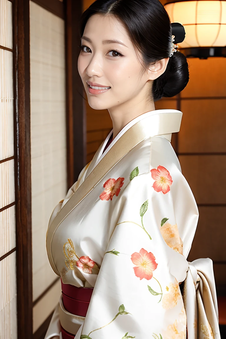 (Highest quality、Tabletop、8K、Best image quality、Award-winning works)、(1 Beautiful Mature Woman:1.1)、(Innkeeper:1.1)、(Elegant floral kimono:1.2)、(A kimono with a perfect and accurate collar:1.2)、Perfect Mature Woman Portrait Photo、Glowing Skin、Standing Elegantly、(Blurred elegant and elaborate perfect Japanese style room background:1.3)、(The most natural and perfect tidy Japanese-style room background:1.2)、(Elegant and luxurious Japanese style room background:1.1)、Glowing White Skin、Very white skin、(Accentuate your body lines:1.1)、(The most elegant posture:1.2)、(Large Breasts:1.2)、(Chignon:1.2)、(Accurate anatomy:1.2)、(A smile looking at me:1.2)、(Stand elegantly facing forward:1.2)、(Front view:1.1)