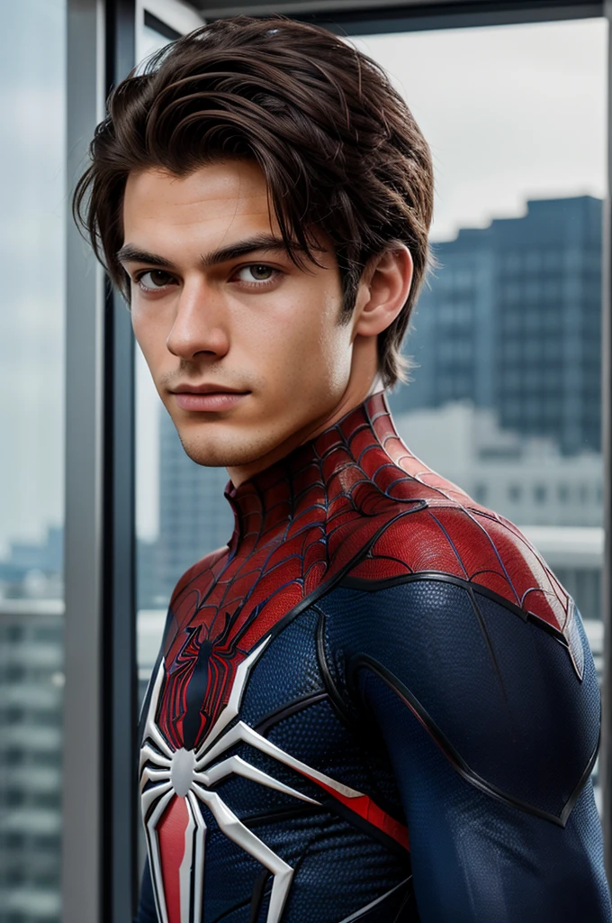 A photograph of spider man, no mask, 20 yo, handsome, detailed face, looking at camera, portrait, 8k uhd, high quality
