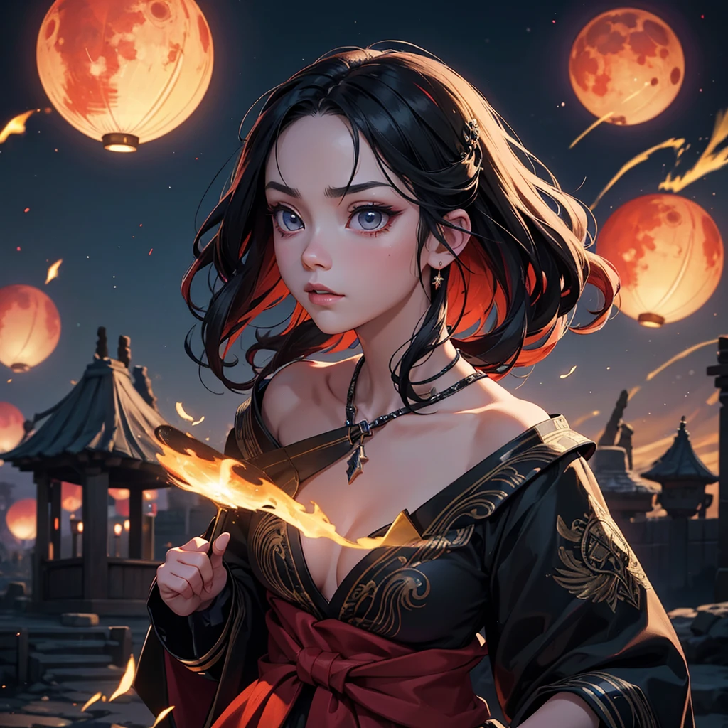 A beautiful ancient dark angel, hd, 8k, unreal engine, close face, kimetsu no Yaiba, Amidst the twilight sky, fireflies dance in a mesmerizing spectacle, casting a magical spell on the world., trending on artstation, sharp focus, studio photo, intricate details, highly detailed, red moon, meteor, 8k hd unreal engine, dreamy, frosty, flying lanterns