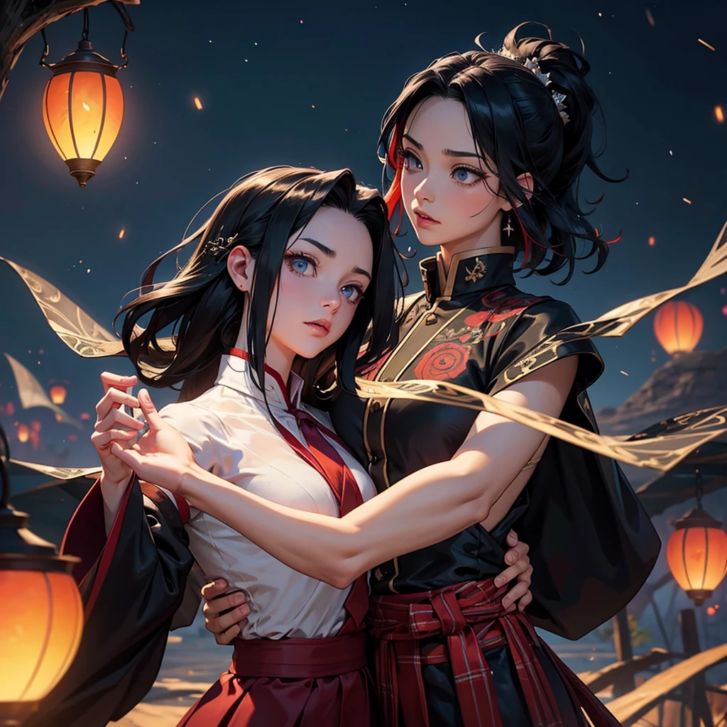 A beautiful ancient dark angel, hd, 8k, unreal engine, close face, kimetsu no Yaiba, Amidst the twilight sky, fireflies dance in a mesmerizing spectacle, casting a magical spell on the world., trending on artstation, sharp focus, studio photo, intricate details, highly detailed, red moon, meteor, 8k hd unreal engine, dreamy, frosty, flying lanterns