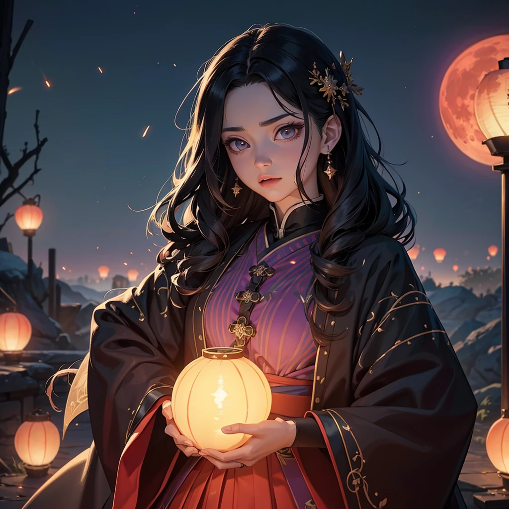 A beautiful ancient dark angel, hd, 8k, unreal engine, close face, kimetsu no Yaiba, Amidst the twilight sky, fireflies dance in a mesmerizing spectacle, casting a magical spell on the world., trending on artstation, sharp focus, studio photo, intricate details, highly detailed, red moon, meteor, 8k hd unreal engine, dreamy, frosty, flying lanterns 