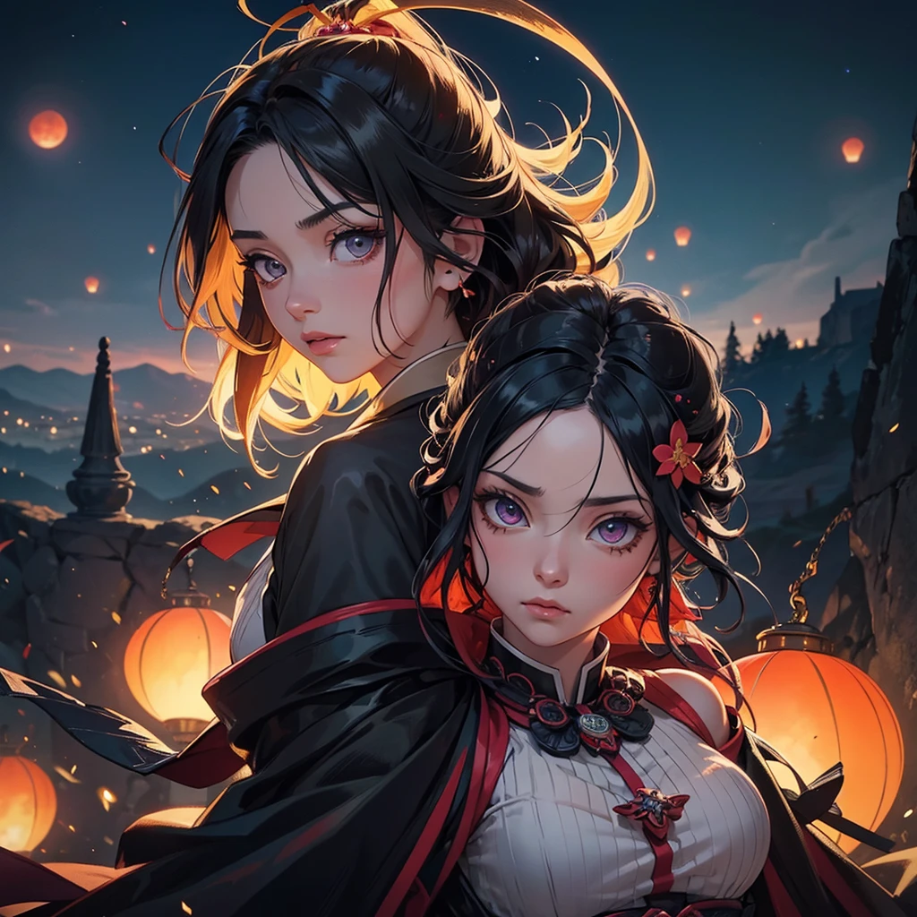 A beautiful ancient dark angel, hd, 8k, unreal engine, close face, kimetsu no Yaiba, Amidst the twilight sky, fireflies dance in a mesmerizing spectacle, casting a magical spell on the world., trending on artstation, sharp focus, studio photo, intricate details, highly detailed, red moon, meteor, 8k hd unreal engine, dreamy, frosty, flying lanterns