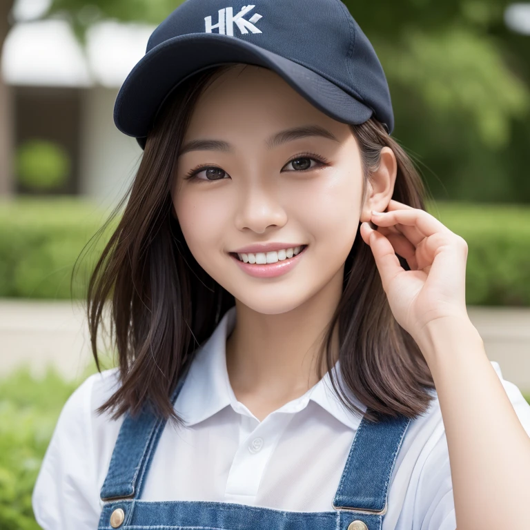 ((Highest quality)), ((masterpiece)), (detailed), One person(Highest quality, 8K, 32k, masterpiece, Ultra-high resolution:1.2),Beautiful Japanese Women Photos、Group of 2、healthy、Glowing Skin, Shallow depth of field、Contrasting、Professional Model、looking forward to it、Overbyte、mouth half open、blush:2.5、Random hairstyles for short hair、Black Hair、Face close-up、Portraiture、Teeth are visible、Big Mouth、Droopy eyes、Round face、Multiple moles、Fair skin、Active 24 year old、Brown eyes、Big smile、carpenter、Wear a uniform、Wear a work hat、Overall view