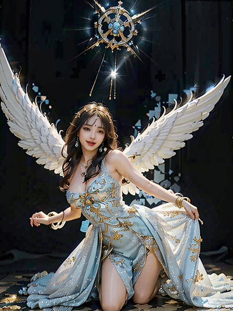 ((Very beautiful angel queen,The final form as a perfect angel, the masterpiece of an angel,Huge and intricate angel wings,The most dignified wings,Golden light,shining background,The most opulent and holy temple background,White and gold temple background,King of Angels, The most dignified angel, ((extremely detailed beautiful dresses)), (Intricate and solemn dresses, Light blue and gold embellishment dress on white, Light blue and gold dress on white base), (The most intricate and beautiful dresses, dresses decorated with some expensive jewels), ((extremely detailed gorgeous jeweled necklace)), Complex and majestic angel figure, The most intricately depicted figure of an angel, The World's Most Beautiful, Unimaginable beauties, (slim figure, attractive body shape, divine atmosphere), (smooth thin hair very fluttering in the wind, shiny hair), Intricate reproduction of the perfect angelic detail, The figure of an unimaginably gorgeous angel, The figure of an unimaginably huge angel)),((Most beautiful face, Half Japan and half Spanish, The biggest happy smile, The most luxurious and intricate dresses, The biggest smile looking at the camera)), Beautiful firm cleavage, beautiful clavicle, (Beautiful firm medium breasts), (Elegant standing figure, Fold your hands in front of your navel,)),Chest that seems to burst, Giant wings of angels, The background is the appearance of a perfect angel castle,Masterpiece,8K,very intricate, ultra detailliart, captivating and visually stunning piece of fractal art featuring, created by a renowned artist, vibrant colors. Formal artistic quality with strong aesthetic appeal.
