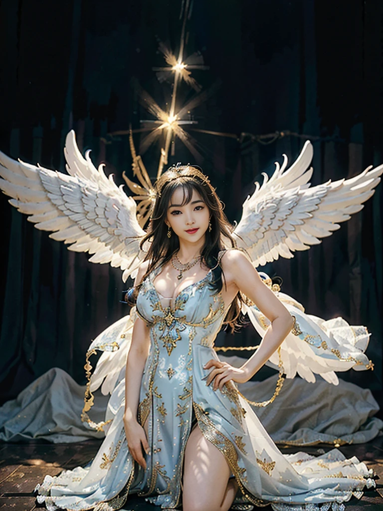((Very beautiful angel queen,The final form as a perfect angel, the masterpiece of an angel,Huge and intricate angel wings,The most dignified wings,Golden light,shining background,The most opulent and holy temple background,White and gold temple background,King of Angels, The most dignified angel, ((extremely detailed beautiful dresses)), (Intricate and solemn dresses, Light blue and gold embellishment dress on white, Light blue and gold dress on white base), (The most intricate and beautiful dresses, dresses decorated with some expensive jewels), ((extremely detailed gorgeous jeweled necklace)), Complex and majestic angel figure, The most intricately depicted figure of an angel, The World's Most Beautiful, Unimaginable beauties, (slim figure, attractive body shape, divine atmosphere), (smooth thin hair very fluttering in the wind, shiny hair), Intricate reproduction of the perfect angelic detail, The figure of an unimaginably gorgeous angel, The figure of an unimaginably huge angel)),((Most beautiful face, Half Japan and half Spanish, The biggest happy smile, The most luxurious and intricate dresses, The biggest smile looking at the camera)), Beautiful firm , beautiful clavicle, (Beautiful firm medium breasts)ant standing figure, Fold your hands in front of your navel,)),Chest that seems to burst, Giant wings of angels, The background is the appearance of a perfect angel castle,Masterpiece,8K,very intricate, ultra detailliart, captivating and visually stunning piece of fractal art featuring, created by a renowned artist, vibrant colors. Formal artistic quality with strong aesthetic appeal.
