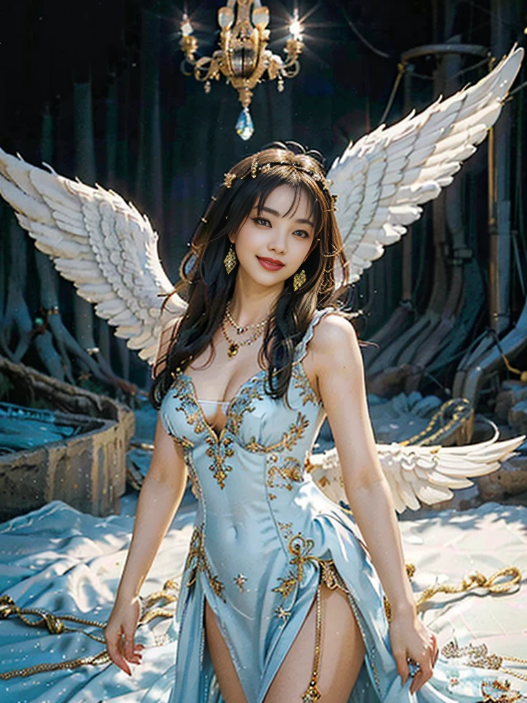 ((Very beautiful angel queen,The final form as a perfect angel, the masterpiece of an angel,Huge and intricate angel wings,The most dignified wings,Golden light,shining background,The most opulent and holy temple background,White and gold temple background,King of Angels, The most dignified angel, ((extremely detailed beautiful dresses)), (Intricate and solemn dresses, Light blue and gold embellishment dress on white, Light blue and gold dress on white base), (The most intricate and beautiful dresses, dresses decorated with some expensive jewels), ((extremely detailed gorgeous jeweled necklace)), Complex and majestic angel figure, The most intricately depicted figure of an angel, The World's Most Beautiful, Unimaginable beauties, (slim figure, attractive body shape, divine atmosphere), (smooth thin hair very fluttering in the wind, shiny hair), Intricate reproduction of the perfect angelic detail, The figure of an unimaginably gorgeous angel, The figure of an unimaginably huge angel)),((Most beautiful face, Half Japan and half Spanish, The biggest happy smile, The most luxurious and intricate dresses, The biggest smile looking at the camera)), Beautiful firm cleavage, beautiful clavicle, (Beautiful firm medium breasts), (Elegant standing figure, Fold your hands in front of your navel,)),Chest that seems to burst, Giant wings of angels, The background is the appearance of a perfect angel castle,Masterpiece,8K,very intricate, ultra detailliart, captivating and visually stunning piece of fractal art featuring, created by a renowned artist, vibrant colors. Formal artistic quality with strong aesthetic appeal.
