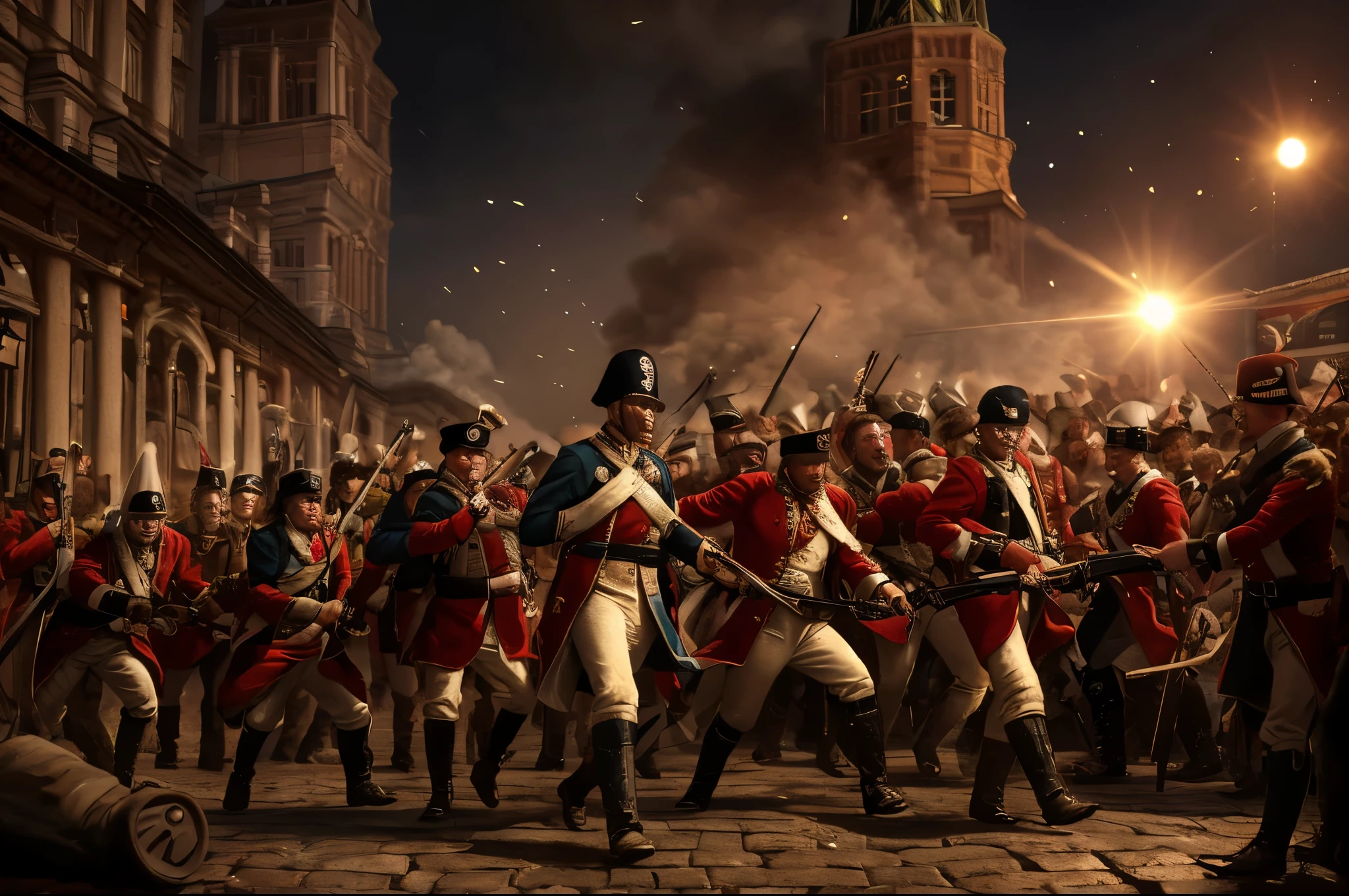 battle, siege, redcoats, in the Moscow Red Square, [The characters (FULL BODY) are surrounded by mist, evoking a mysterious and eerie atmosphere. The lighting is dark and atmospheric, with a red smoke adding a touch of sinister ambiance. The image is of the best quality, with a resolution of 4k and HDR enhancement, showcasing the utmost level of detail and realism, sfw, full body shot:1.5]. [8K, Best Quality, Masterpiece, Ultra High Resolution, (highly detailed CG unity 8k wallpaper), (best photo), (best shadows), isometric 3D, octane rendering, ray tracing, highly detailed, (Best quality, 4K, 8k, A high resolution, masterpiece:1.2), absurdity, ultra detailed, (realistic, photorealistic, photorealistic:1.37), complex parts, HDR, (complex parts:1.12), (hyper detailed, hyper realistic, Soft lighting, spicy:1.2), (complex parts, Hyper detailed:1.15). Blurred foreground. (backlit), realistic, masterpiece, high quality, brightness, chromatic aberration, 8k uhd, some smoke, shadows, contrast, clear sky, (warm hue, warm tone), high details, natural reflections]. 