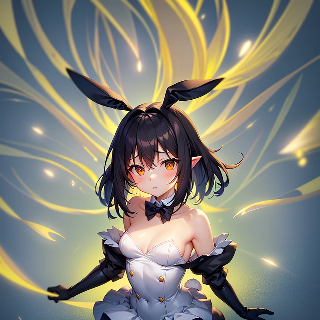 ((Bunny girl)),((Dropped ears)),Cute little ,Tiny ,Small girl,,Childish face, Very fine clean face,Top quality,Black Hair,(Dark Room), Subtle light, Natural light,Soft lighting,Light from directly behind, (Are standing),With bust up,Front view,Black background