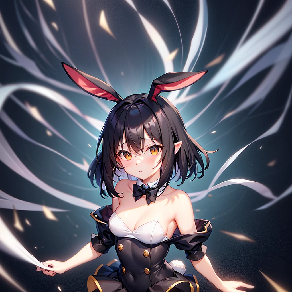((Bunny girl)),((Dropped ears)),Cute little ,Tiny ,Small girl,,Childish face, Very fine clean face,Top quality,Black Hair,(Dark Room), Subtle light, Natural light,Soft lighting,Light from directly behind, (Are standing),With bust up,Front view,Black background