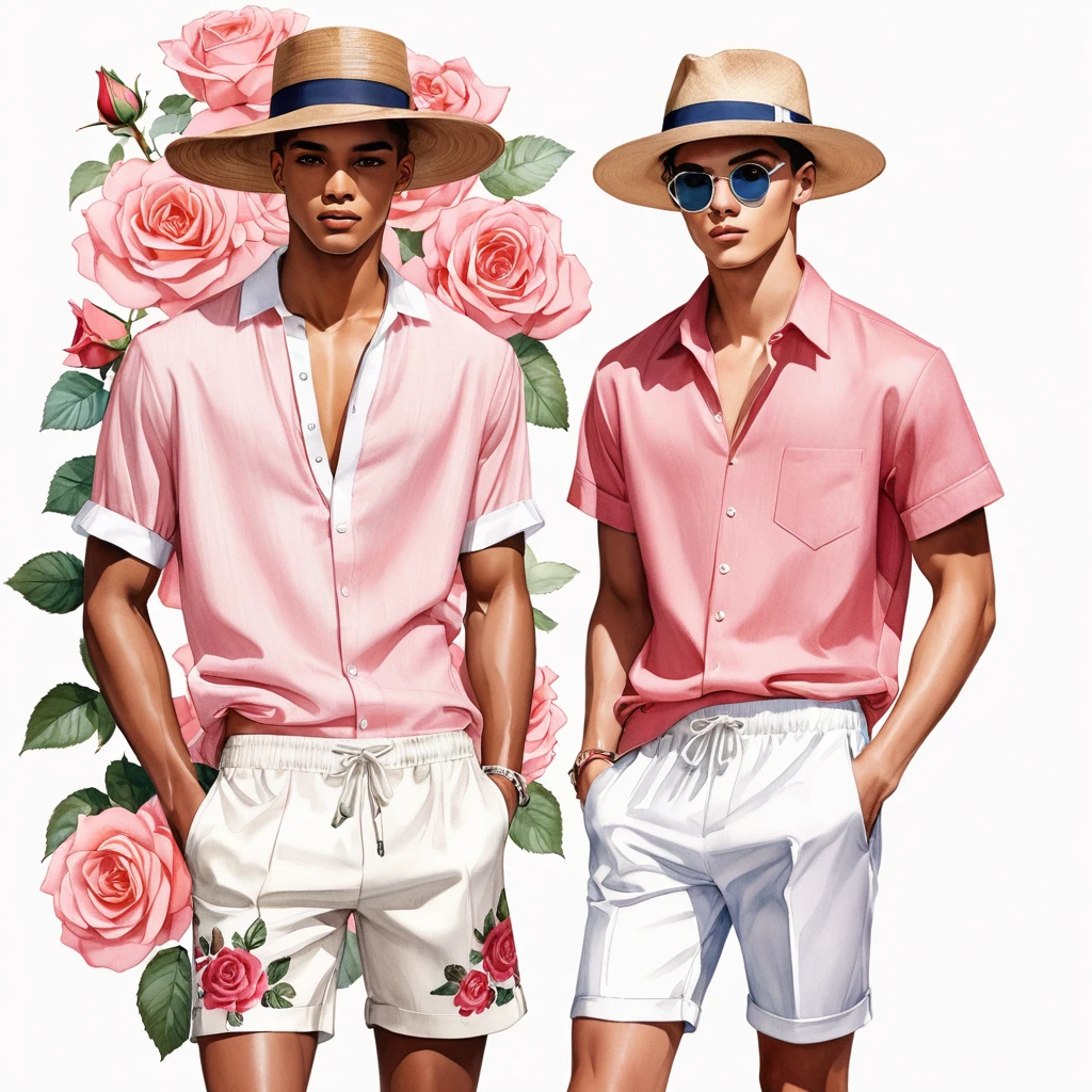 candid fashion illustration of young Mixed race 2man, both aged 18-23 year old, ((showcase fashion look book in linen outfits)), the design inspired by Boscobel Rose by David Austin Rose, in elegant chic style. The man wears an oversized short-sleeved shirt with a minimal rose embroidery details, paired with relaxed-fit white Short with Drawstring, He completes his look with white sneakers and round glasses. The boyfriend complements him in a skinny fitted speedo in a stripe pattern, semi bulge, He resemble includes an accessorizes with a brimmed straw hat and white sneakers, Captured in a low angle, ((full-body image)), ((roses motifs background)), fashion sketching, realistic drawing, ((imperfect water color drawing background)), fashion look book, fashion illustrator, fashion sketch design, gay, gay couple, Boscobel Rose, Coral-pink.