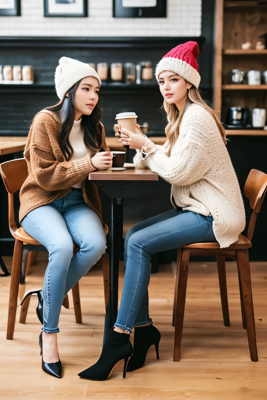 high quality,16K:1.1),(, Two women sitting on chairs in a coffee shop)sit facing each other across a desk、We are chatting、Full Body Shot:1.2),(),blonde、ear piercing、smile、Beautiful teeth alignment、((coat、sweater、Knitted hat、Skinny jeans、、pumps)), ,(View your audience:1.3),Coffee shop in the background