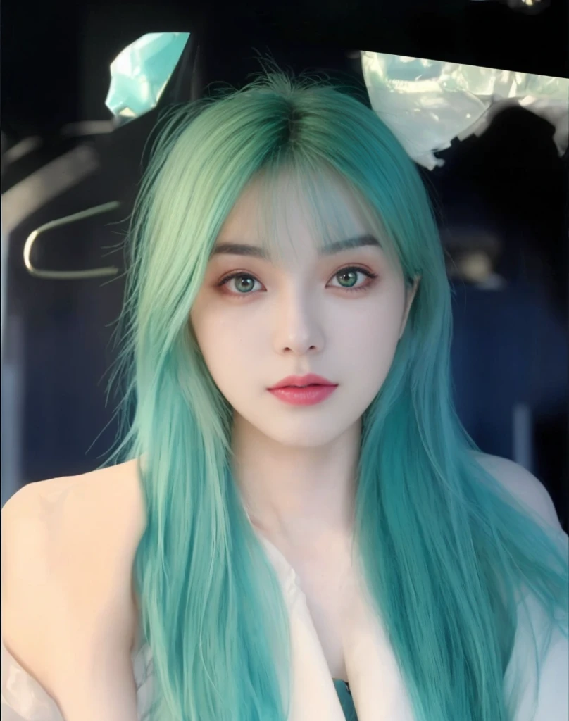 8K high quality,1 woman,Turquoise green hair:1.5