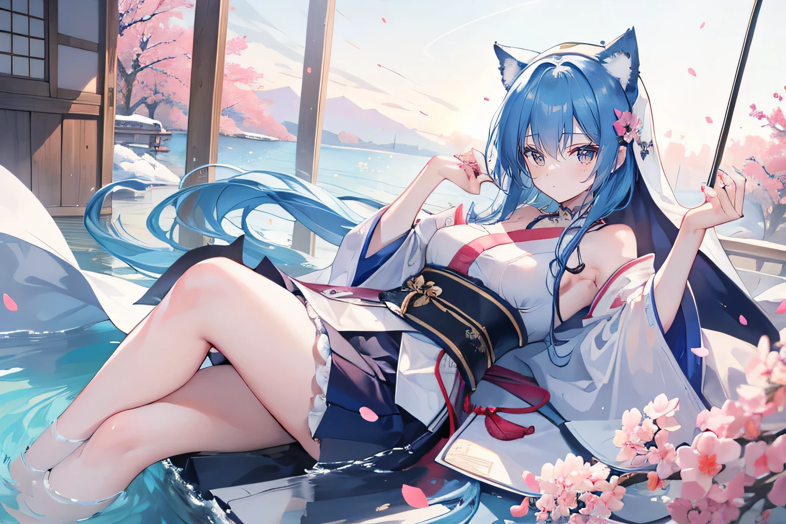 (masterpiece:1.2),Super detailed,lifelike,Expressive eyes,fair skin,perfect face shape,1 girl,
Japanese comics,Gorgeous blue hair,flowing blue hair,flowing clothes,Cat ears,Petals fall,beautiful lola,Baby Angel,
Shaking head with one hand,Cross your legs,,The pavilion is cool and comfortable,smile,back views,sunrise,Petals fall, winter,lie on the water,Nun's Clothes,stately church。