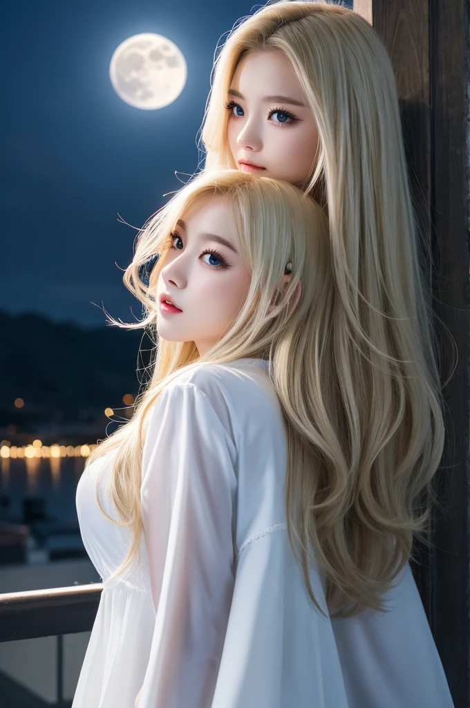 Beautiful girl who governs the moon。Blonde。Full moon background。Clothed in lightning。